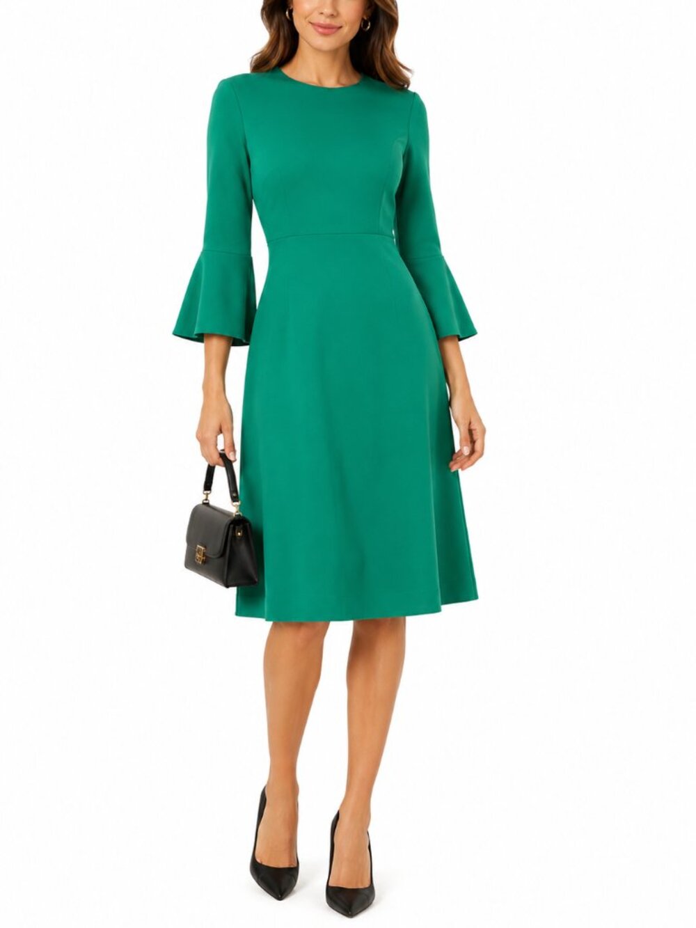 Flattering Emerald Midi Dress with Bell Sleeves